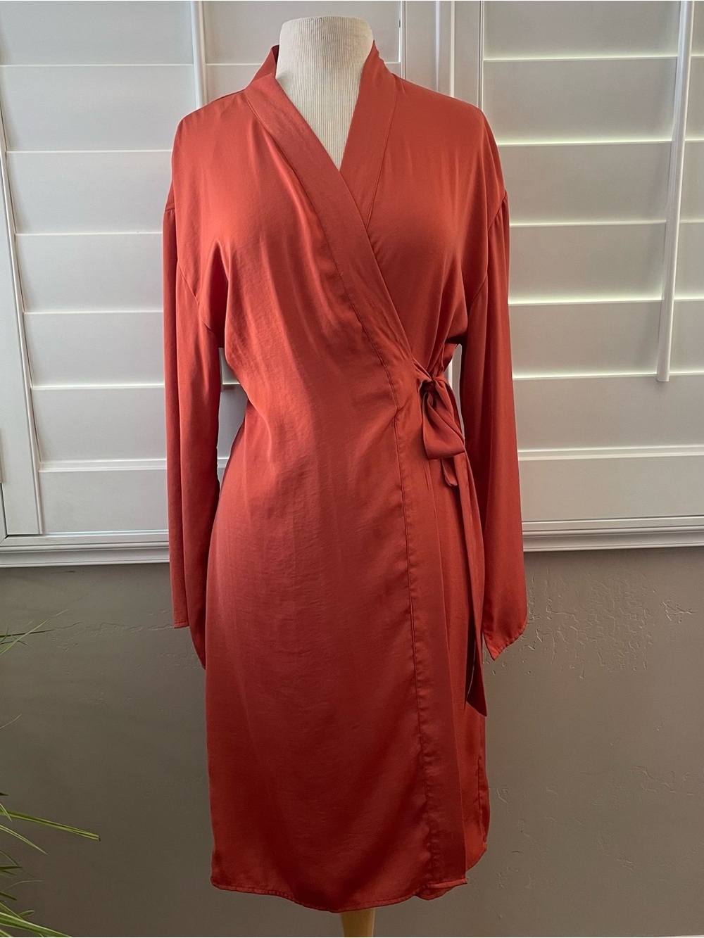 a new day Rust Orange Kimono Satin Robe Mid Length Tie Belt Wrap OS